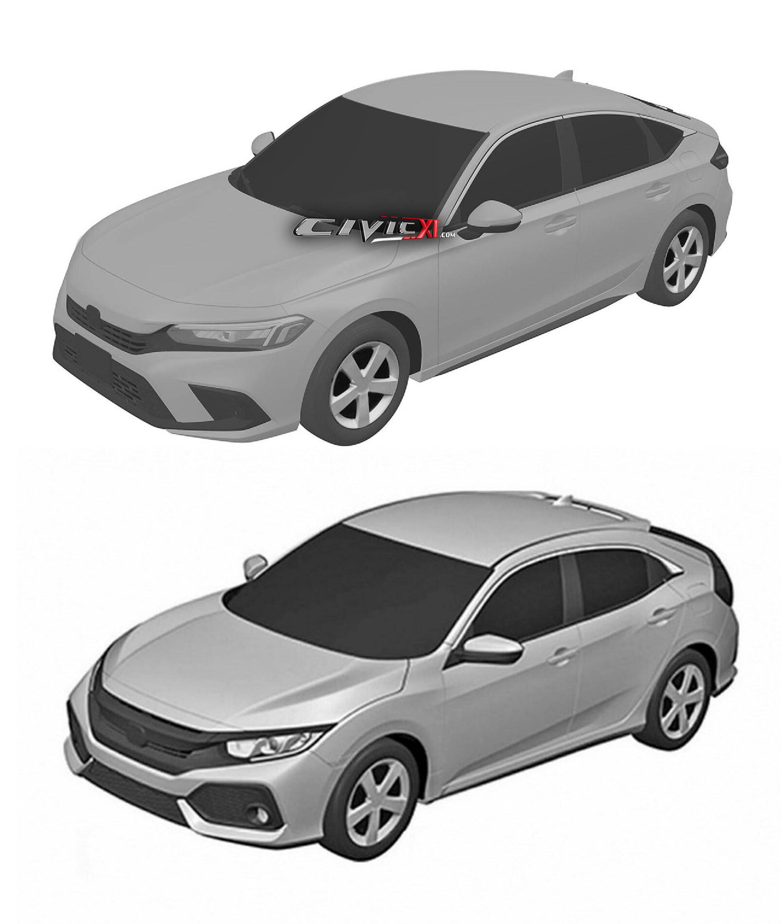 11th Gen Honda Civic Exclusive: 11th Gen 2022 Civic (Hatchback) Fully Revealed in Official Honda Patent Images 11th vs 10th Gen Civic Hatchback Front Quarter