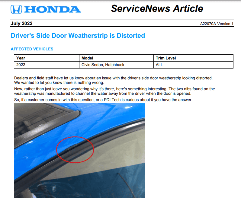 11th Gen Honda Civic Driver's Side Door Weatherstrip is Distorted -- New Service article released for ALL 2022 Civic. (FYI) 1659209619792