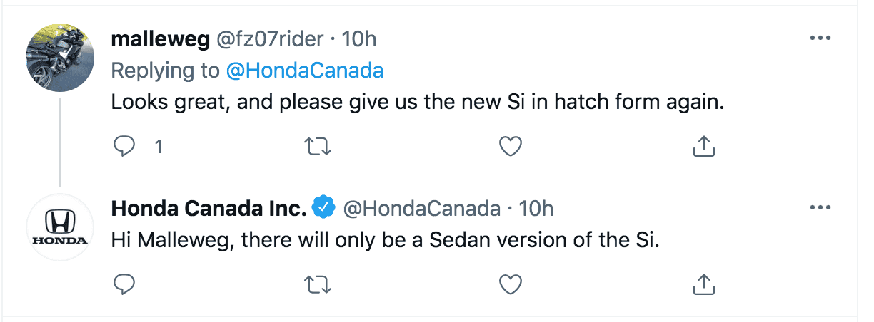 11th Gen Honda Civic Honda Confirms 2022 Civic Si Will Be Sedan Only 2022-civic-si-sedan-only-twitter-confirmation-honda-canada