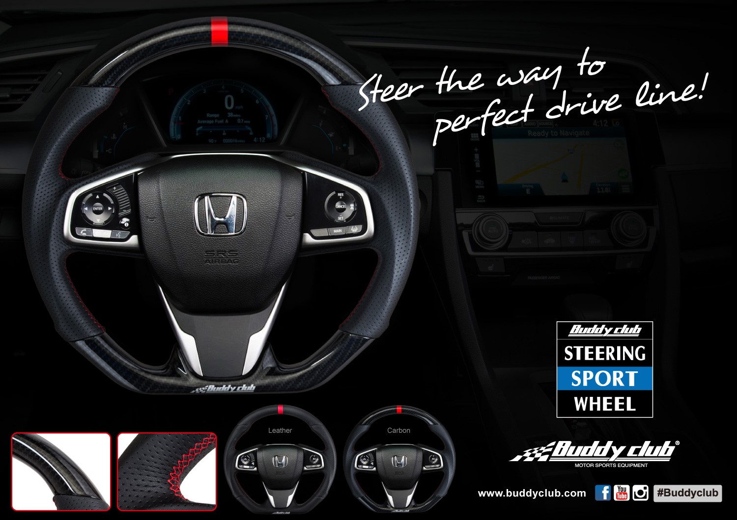 11th Gen Honda Civic Buddy Club 16-18 Civic Sport Steering Wheels |Carbon Fiber | Leather BC08-RSSWFC-C2