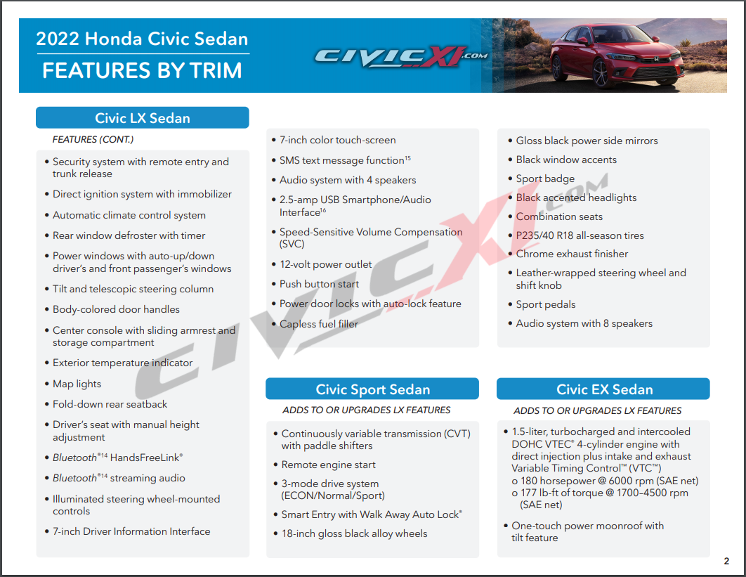 11th Gen Honda Civic 2022 Civic Features by Trim Brochure - EX vs LX vs Sport vs Touring Honda-2022-civic-sedan-features-by-trim-ex-lx-sport-touring-page2
