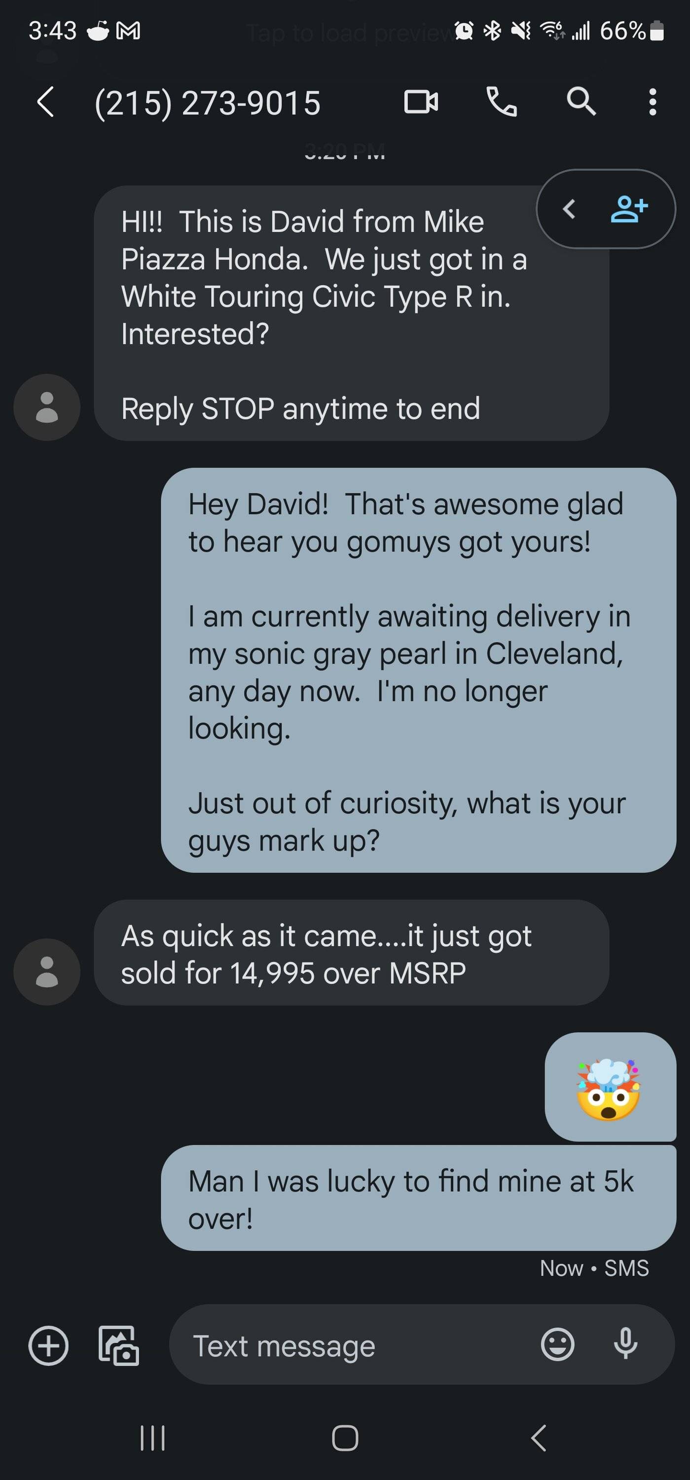 11th Gen Honda Civic East Coast FL5 Delivery Estimates/Confirmations Screenshot_20221206_154327_Messages