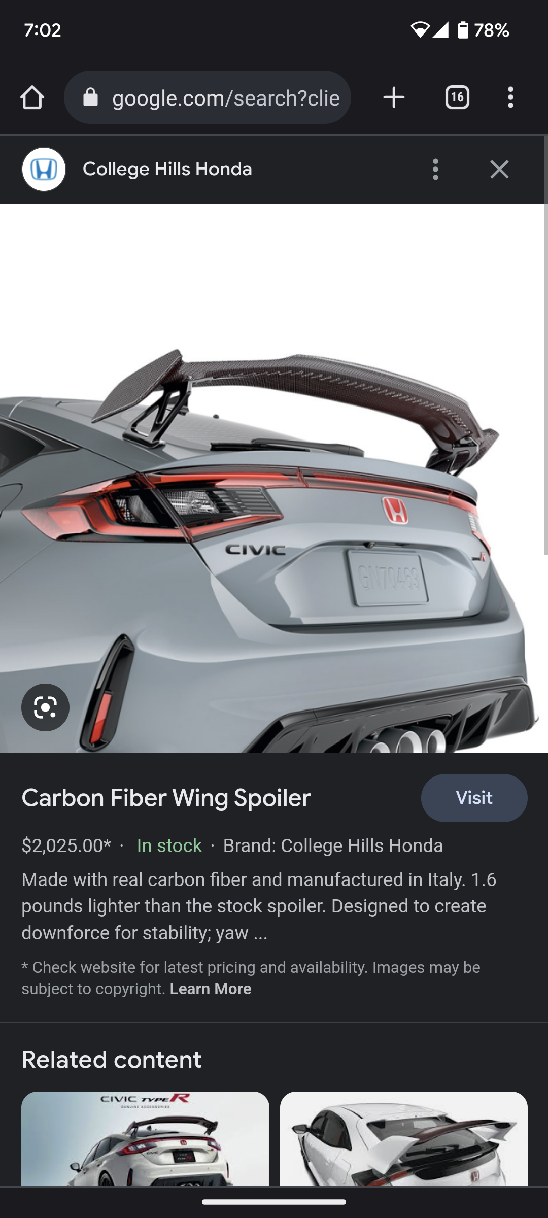 11th Gen Honda Civic For sale: New OEM Carbon Fiber Wing Screenshot_20230108-190218